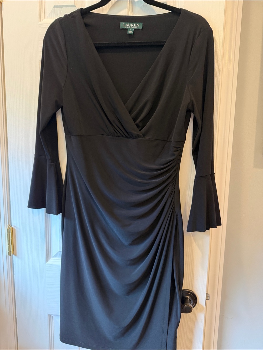 Lauren Ralph Lauren Black Faux-Wrap Ruched Bell-Sleeve Dress